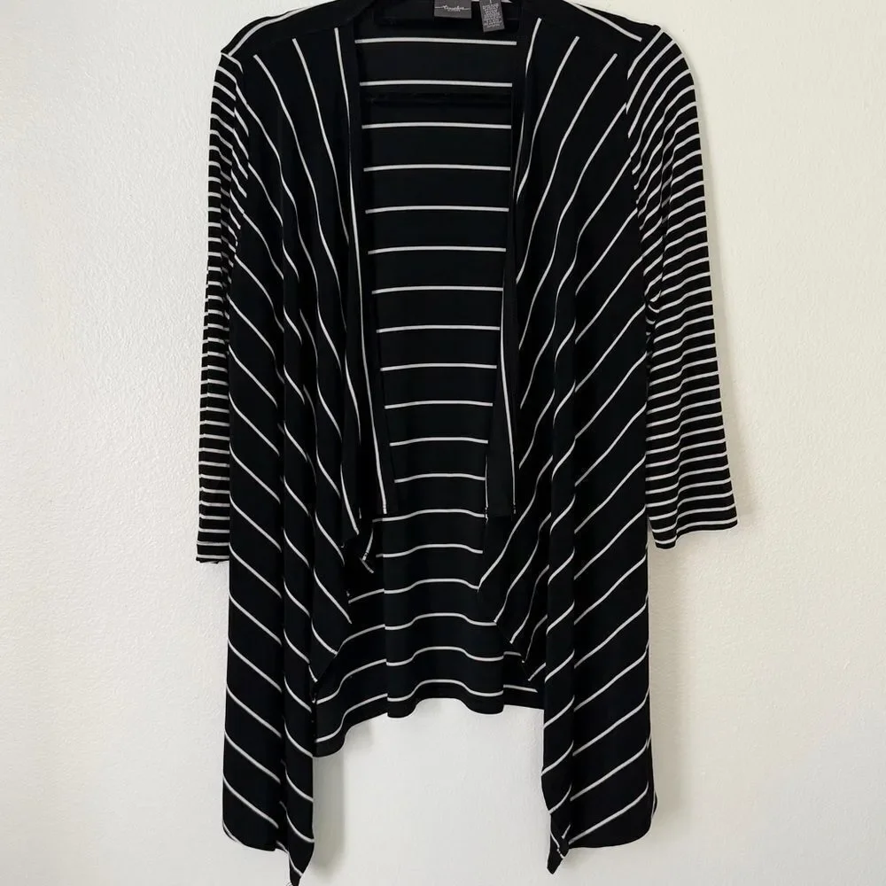 Chicos Travelers Sz 1 (Medium 8) Mixed Stripe Open Front Cardigan Black White